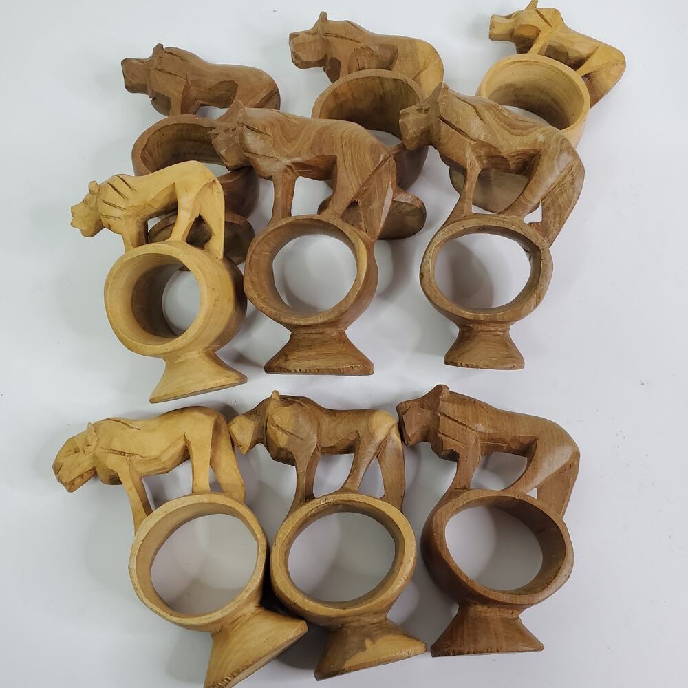 Wooden Lion Animal Napkin Rings Set of 12 Hand Carved in Kenya VTG Handcrafted